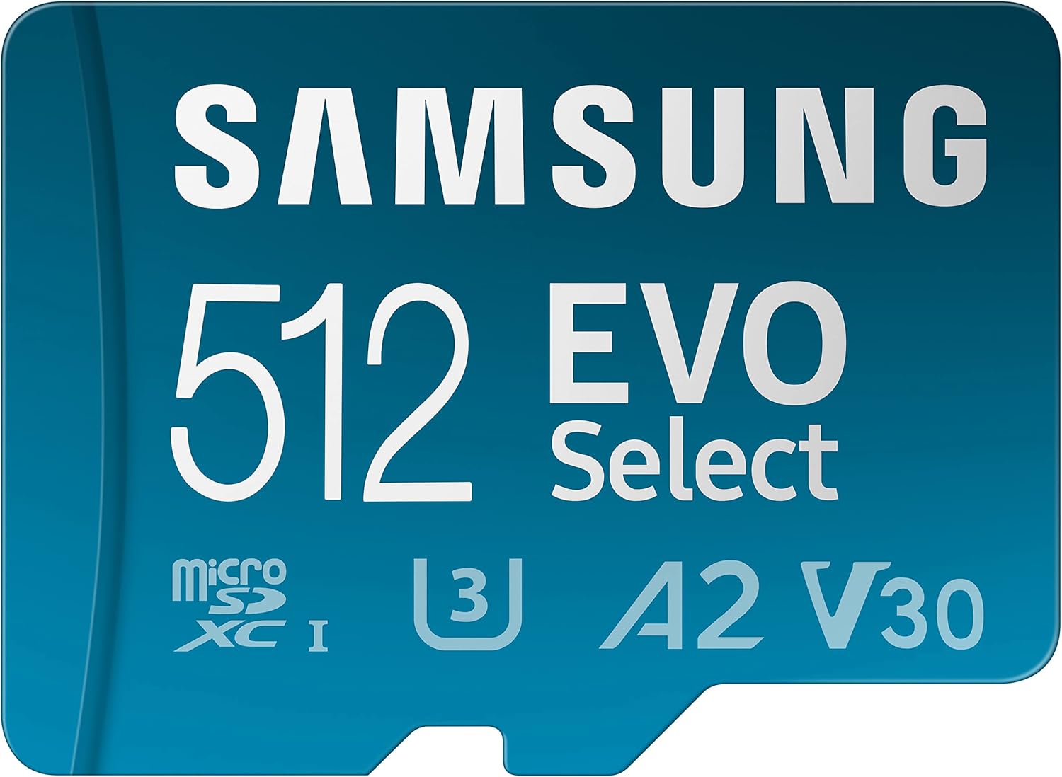Samsung EVO Select 512GB microSD card with specifications on a blue background