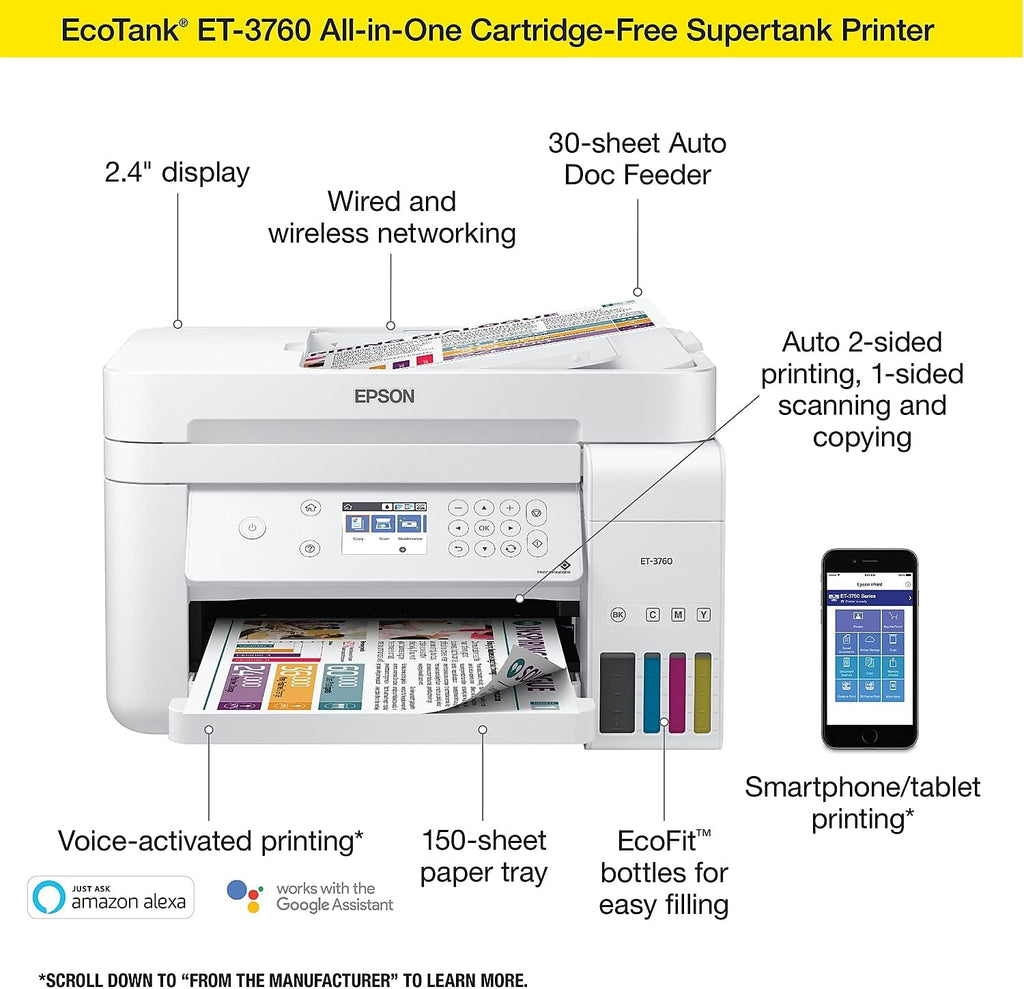 Epson EcoTank ET-3760 Wireless Color All-in-One Cartridge-Free Supertank Printer with Scanner, Copier and Ethernet, Regular