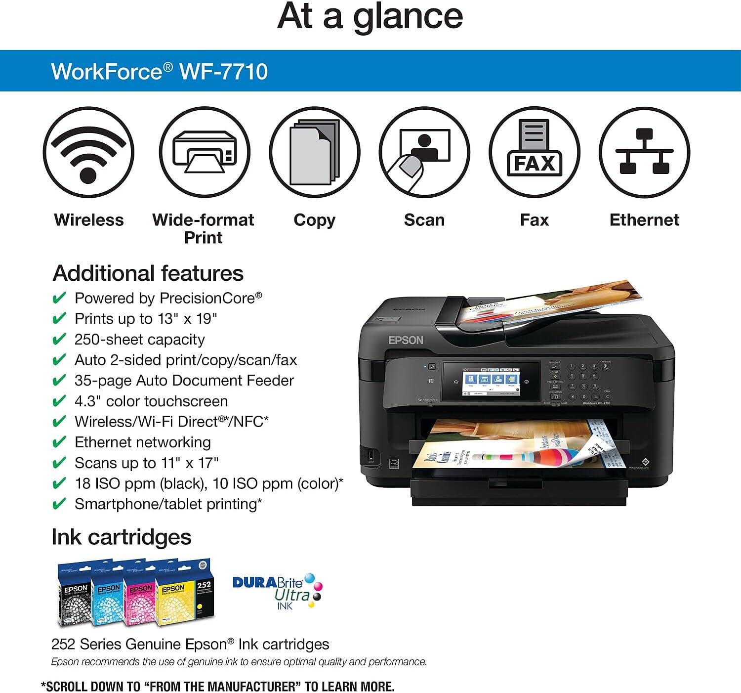 Epson Workforce WF-7710 Wireless Wide-Format Color Inkjet Printer with Copy, Scan, Fax, Wi-Fi Direct and Ethernet, Amazon Dash Replenishment Ready
