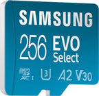 Samsung 256GB EVO Select microSD card with U3, A2, V30 ratings on a blue background