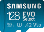 Samsung EVO Select 128GB microSD card on a blue background