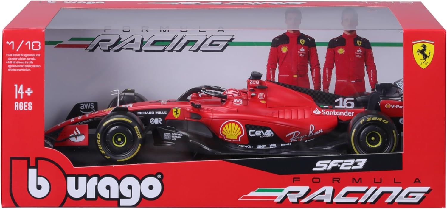 May Cheong B18-16812L Bburago Formula 1 Ferrari SF-23 Leclerc with Helmet 2023 Die Cast Car, Red