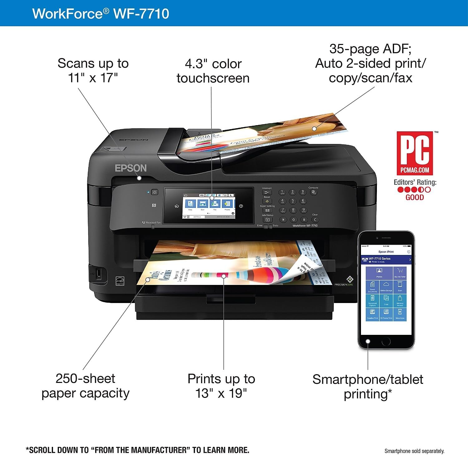 Epson Workforce WF-7710 Wireless Wide-Format Color Inkjet Printer with Copy, Scan, Fax, Wi-Fi Direct and Ethernet, Amazon Dash Replenishment Ready