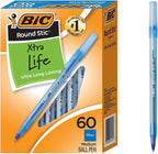 BIC GSM609BE Round Stic Ballpoint Pen,Med. Pt,Value Pk,60/BX,Frost/BE Ink