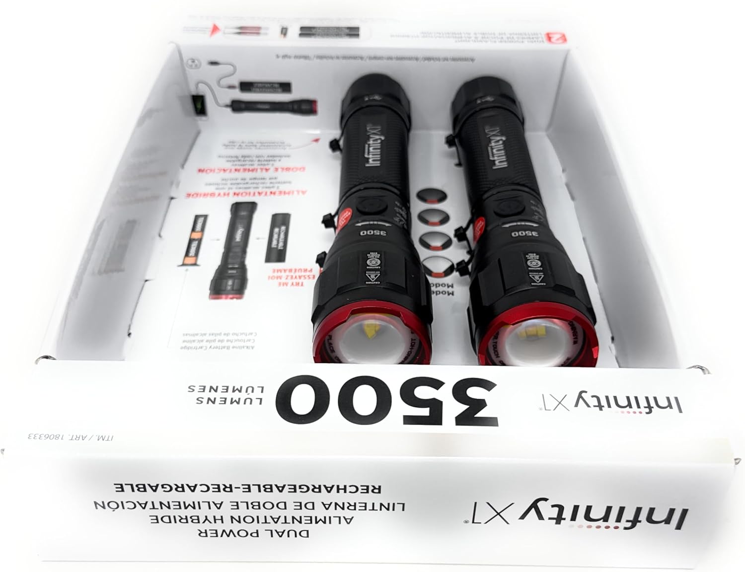Infinity X1 3500 Lumen Dual Power Flashlight 2-Pack – High-Performance LED, Rechargeable or Alkaline Powered, 4 Light Modes, USB-C Charging, Includes Batteries and Cables