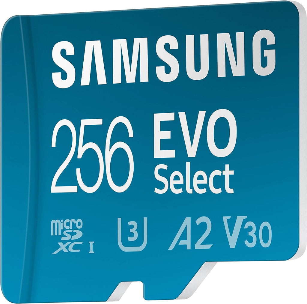 Samsung 256GB EVO Select microSD card on a white background
