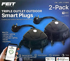 Feit Electric Triple Outlet Outdoor Smart Plugs, 2-Pack, WiFi, Controls Devices from Anywhere, Voice Control, Schedules, Timer, Compatible with Alexa and Google Home, Black