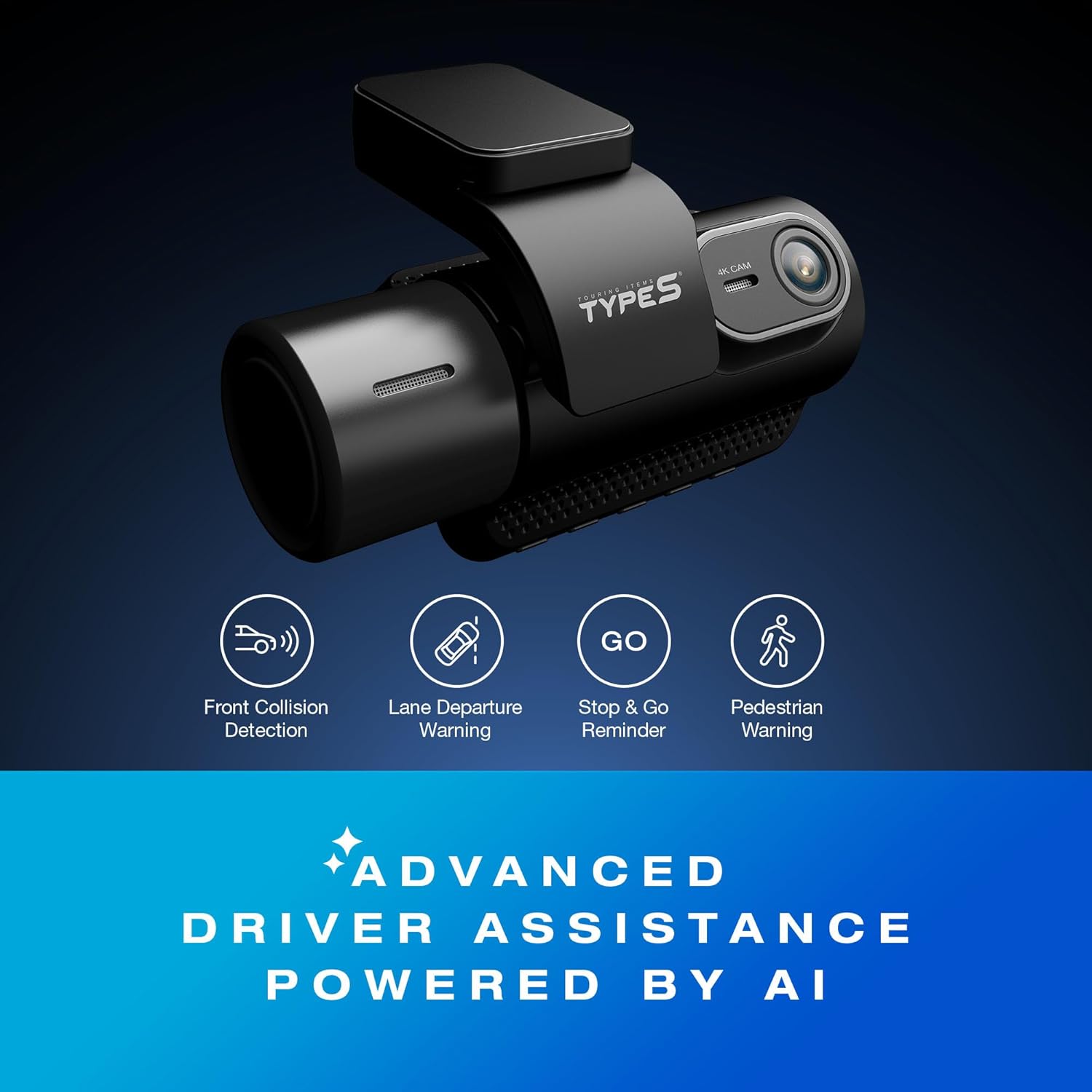 Type S T401 4K Dual View Dash Cam with AI Driver Assistance and in-Car Surveillance Camera, AI-Powered Lane, Car, Pedestrian Recognition