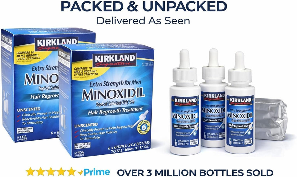 Kirkland Minoxidil hair regrowth treatment packaging and bottles on a white background