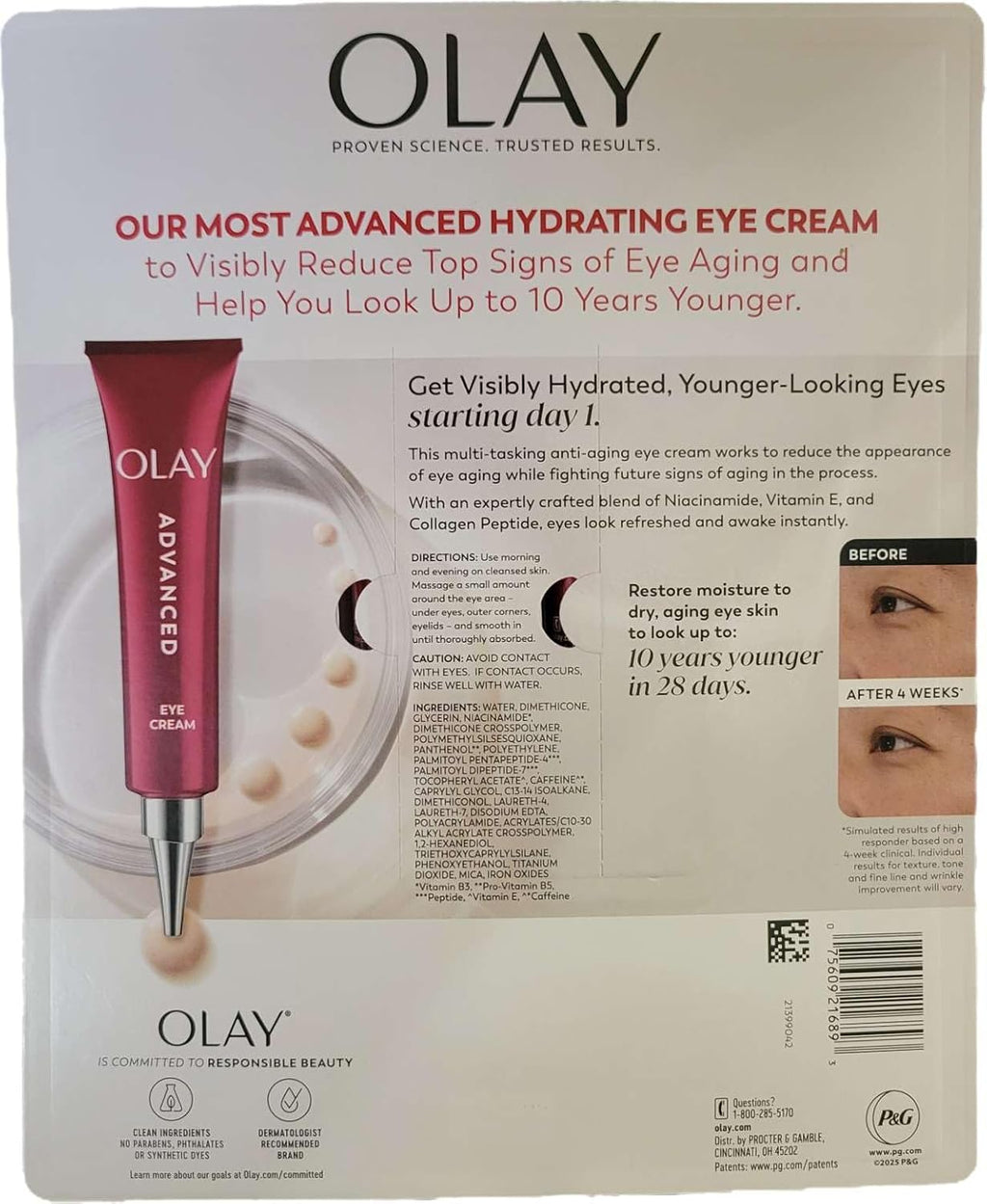 Olay Advanced Eye Cream packaging with product image and text on a beige background