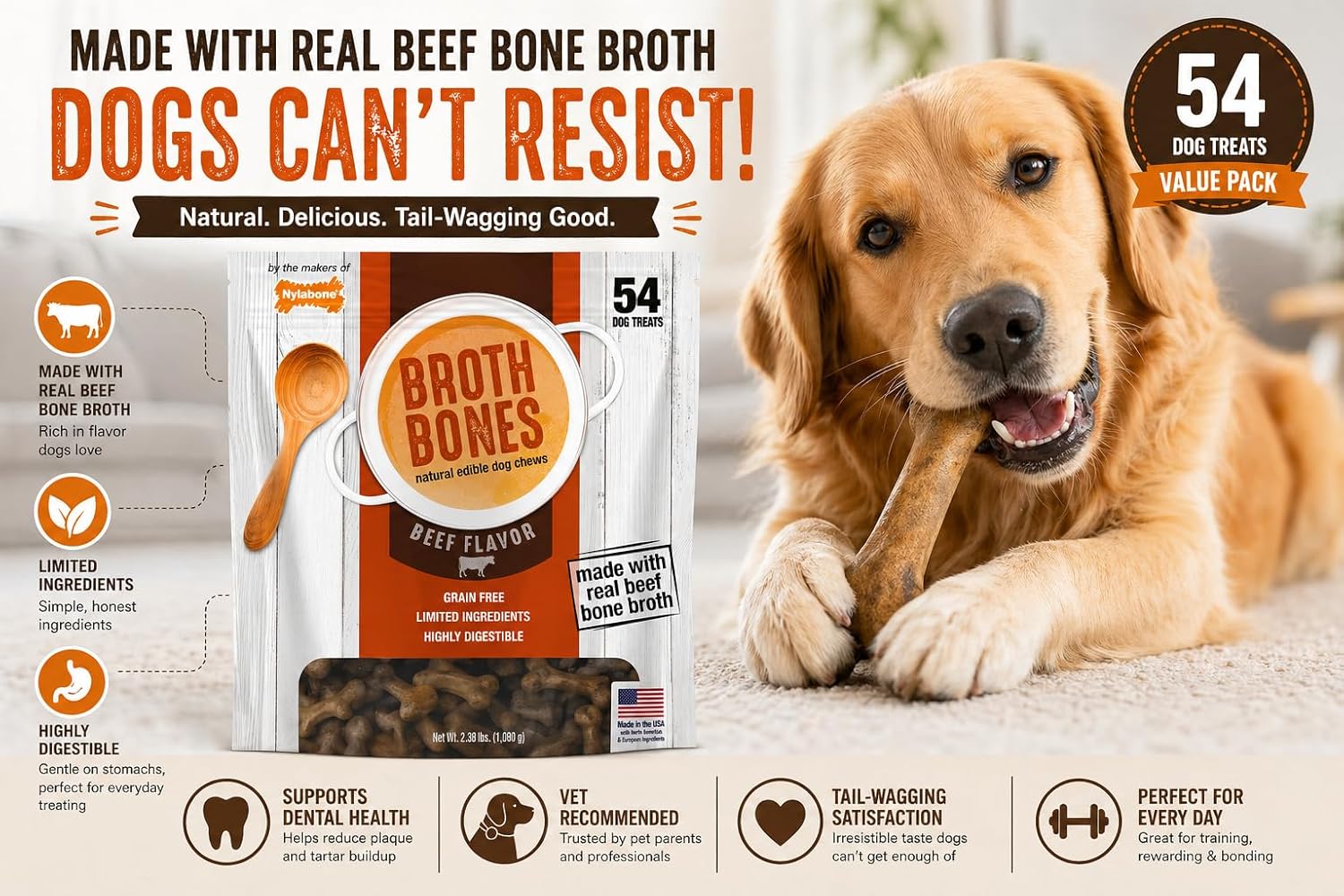 Nylabone Beef Broth Bones Dog Treats (Net 54Count), 2.38 Lb