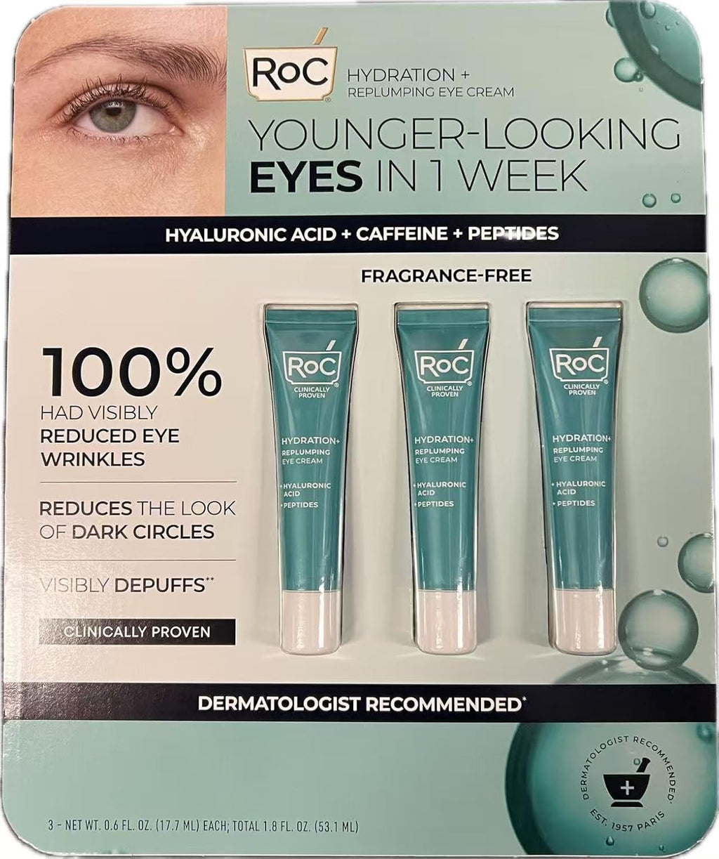 ROC eye cream packaging with three tubes on a light gray background