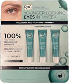 ROC eye cream packaging with three tubes on a light gray background