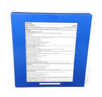 Blue box with a white label containing text on a white background