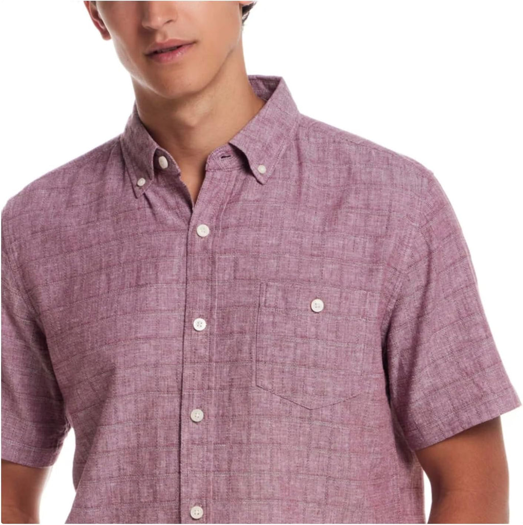 Weatherproof Vintage Men’s Short Sleeve Linen Blend Woven Button Down Shirt (US, Alpha, Medium, Regular, Regular, Red)
