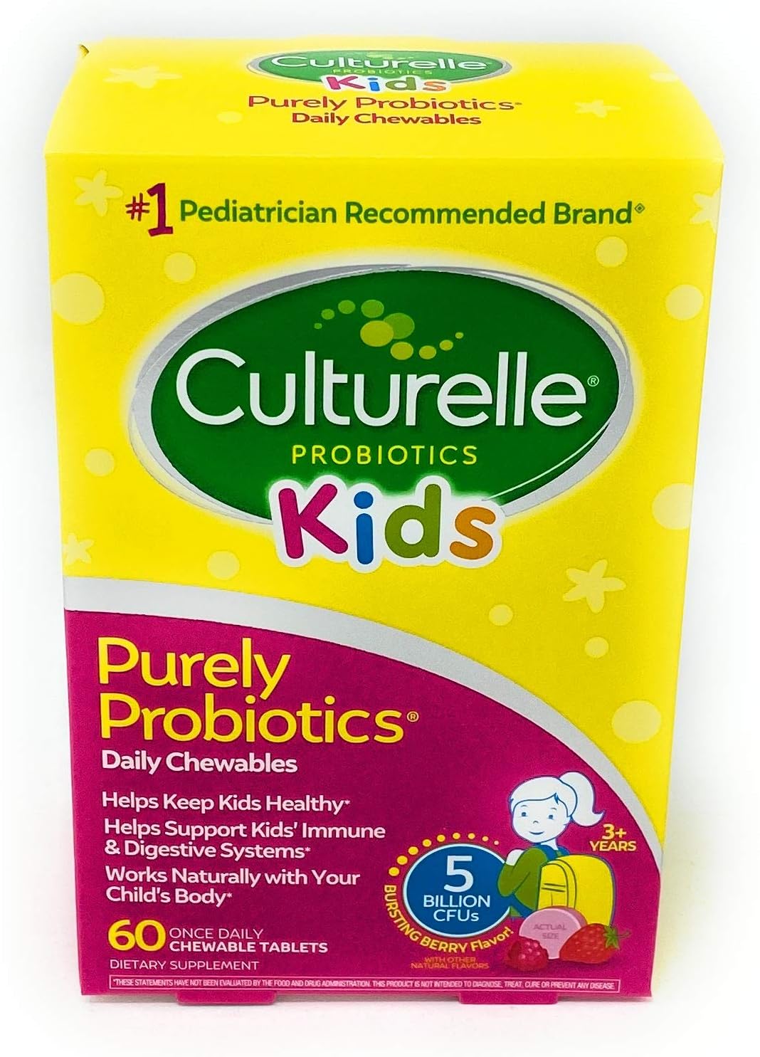 Culturelle Kids Chewable Daily Probiotic for Kids | Natural Berry Flavor Daily Supplement | 60 Count | Age 3+ | 100% Naturally Sourced Lactobacillus GG â€“The Most Clinically Studied Probiotic