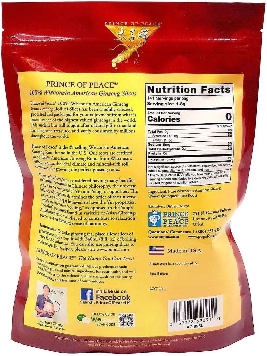 Prince Of Peace Pure Ginseng Slices 100% Wisconsin American, 9 Ounce, 255g