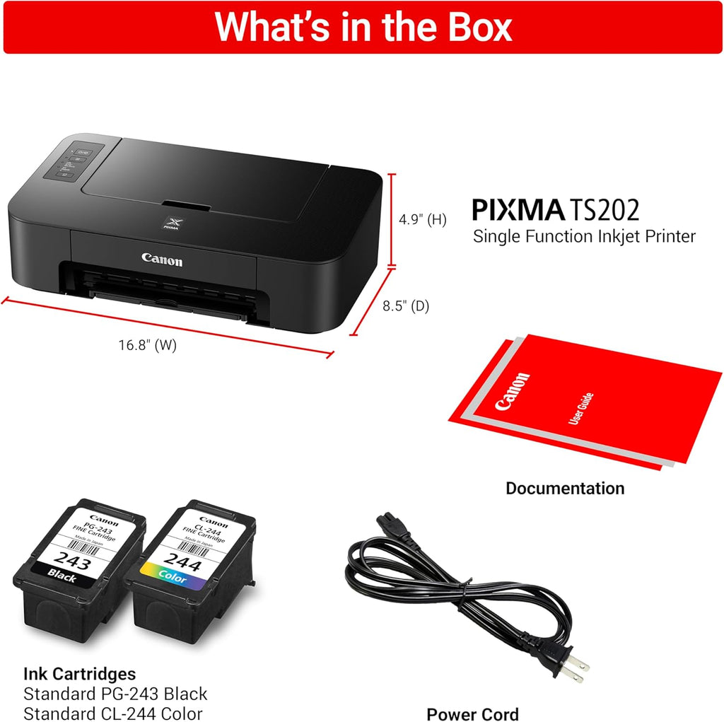 Canon TS202 Inkjet Photo Printer, Black (USB Required, not Included)