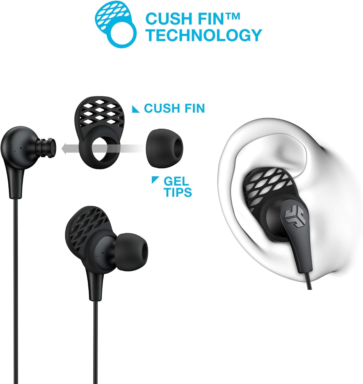 JLab JBuds Pro Signature Earbuds, Titanium 10mm Drivers, Music Controls, Universal Mic, Custom Fit with Cush Fins, Blue