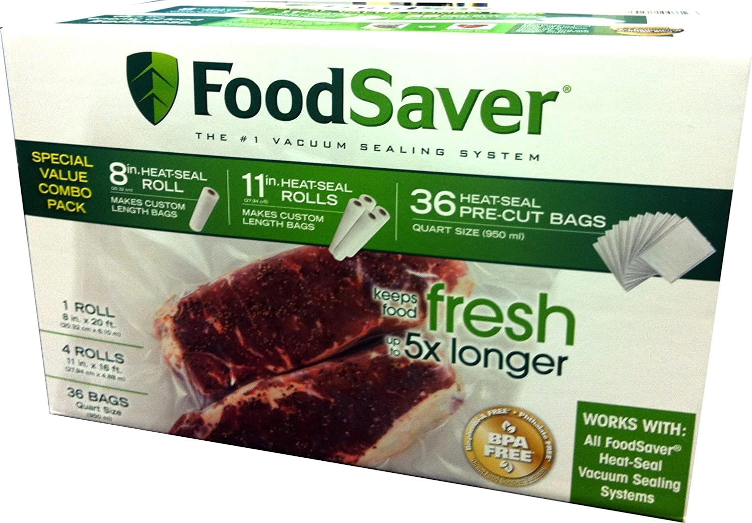 FoodSaver Special Value Vacuum Seal Combo Pack 1-8"Roll; 4-11"Rolls; 36 Pre-Cut Bags