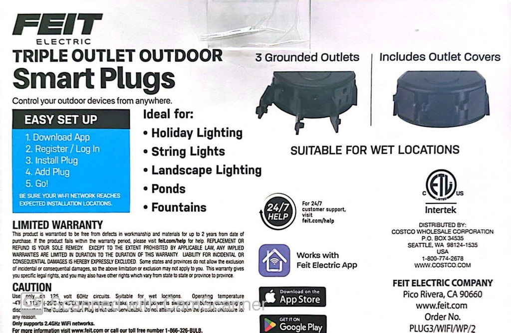 Feit Electric Triple Outlet Outdoor Smart Plugs, 2-Pack, WiFi, Controls Devices from Anywhere, Voice Control, Schedules, Timer, Compatible with Alexa and Google Home, Black
