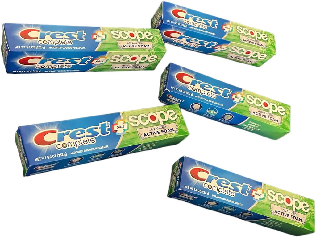 Crest Complete Toothpaste Plus Scope Advanced Active Foam, Striped, 8.2 Ounce (Pack of 5)