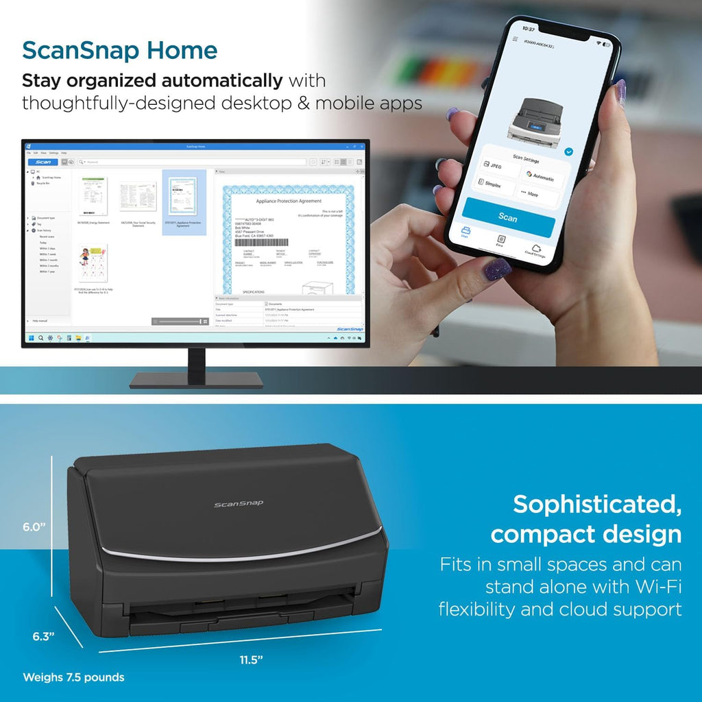 ScanSnap iX1600 Wireless or USB High-Speed Cloud Enabled Document, Photo & Receipt Scanner with Large Touchscreen and Auto Document Feeder for Mac or PC, 17 watts, Black