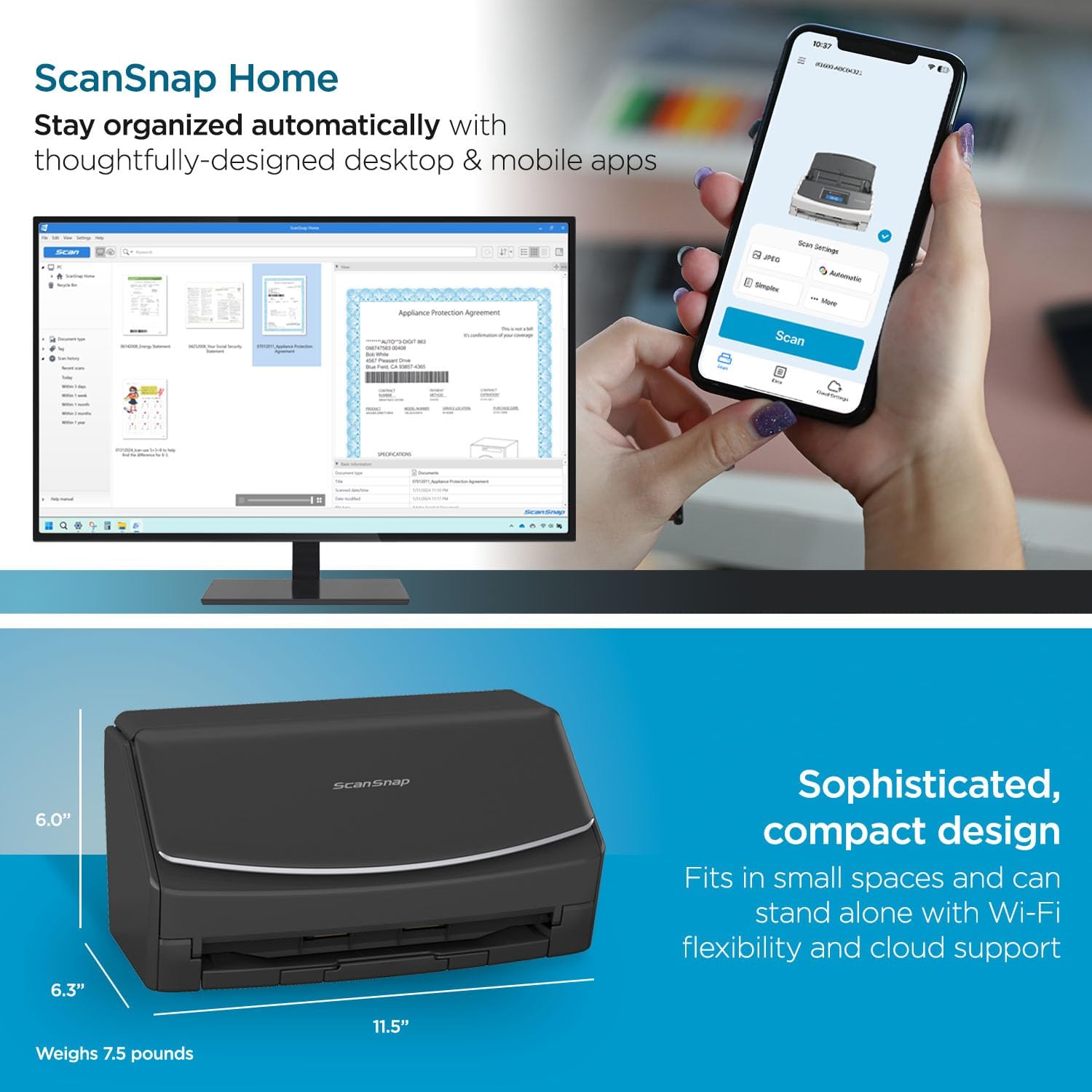 ScanSnap iX1600 Wireless or USB High-Speed Cloud Enabled Document, Photo & Receipt Scanner with Large Touchscreen and Auto Document Feeder for Mac or PC, 17 watts, Black