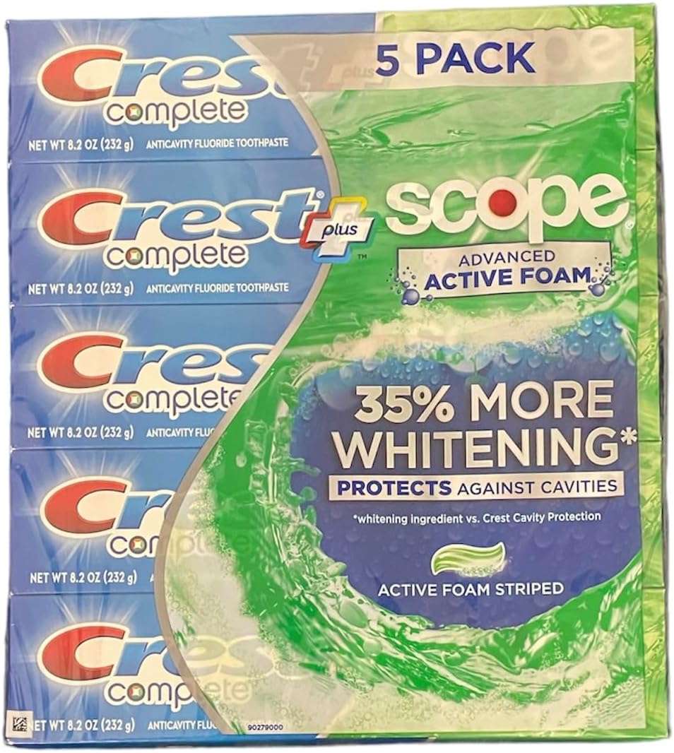 Crest Complete Toothpaste Plus Scope Advanced Active Foam, Striped, 8.2 Ounce (Pack of 5)