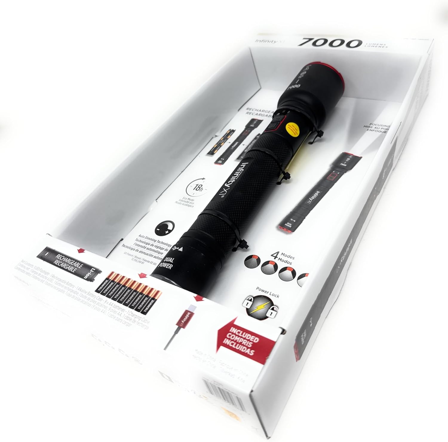 Infinity X1 7000L Dual Power Rechargeable Flashlight,7000 Lumen CREE LED with Adjustable Focus and Heat Lock