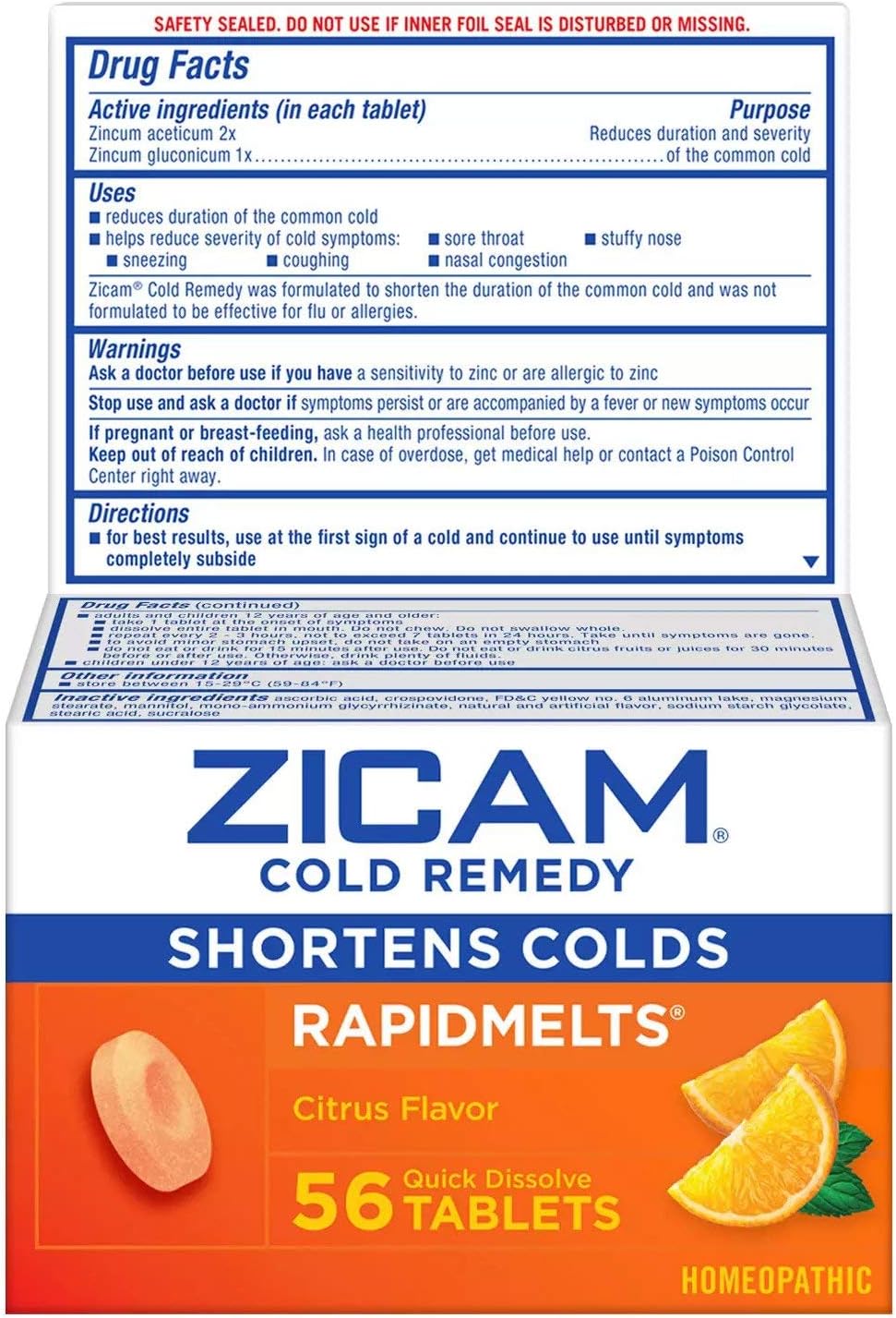 Zicam Zinc Cold Remedy RapidMelts,Citrus Flavor, Homeopathic, Cold Shortening Medicine, Shortens Cold Duration, 56 Count