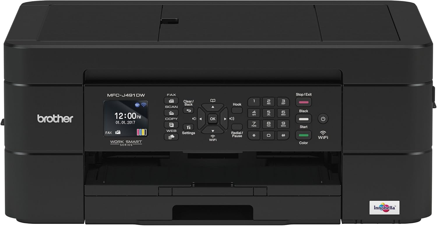 Brother Wireless All-in-One Inkjet Printer, MFC-J491DW, Multi-function Color Printer, Duplex Printing, Mobile Printing,Amazon Dash Replenishment Enabled, Black, 8.5 (MFCJ491DW)