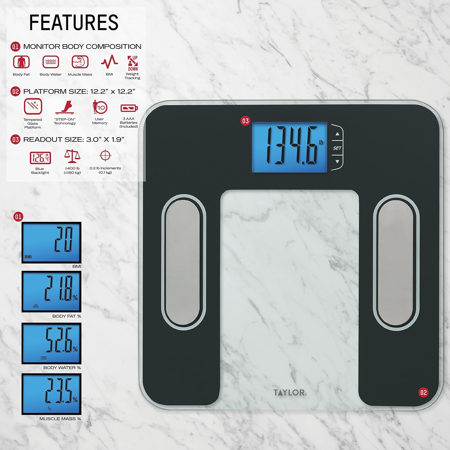 Taylor Smart Body Composition Scale, Bathroom Scale for Body Weight, Measures Body Fat, Body Water, Muscle Mass and BMI, 10-User Recognition, 440 lb Capacity