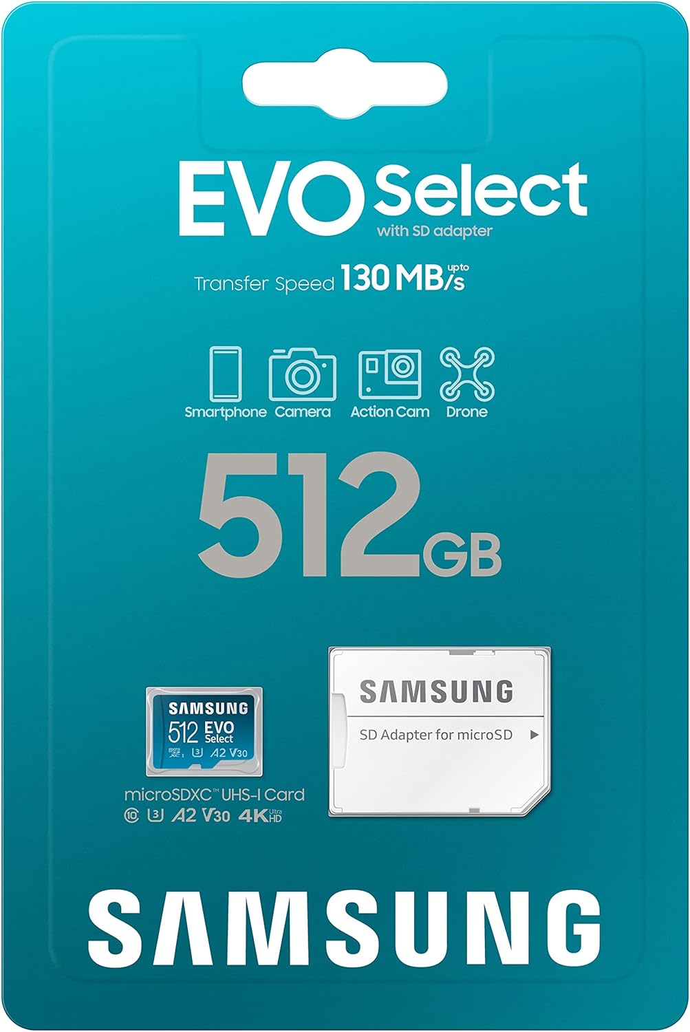 Samsung EVO Select 512GB microSD card packaging with adapter on a blue background