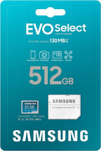 Samsung EVO Select 512GB microSD card packaging with adapter on a blue background
