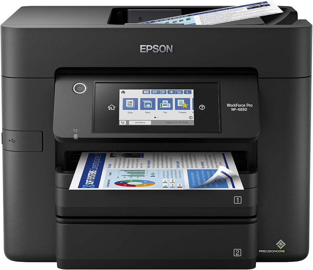 Epson Workforce Pro WF-4830 Wireless All-in-One Printer, Auto 2-Sided Print Copy, Scan/Fax, 50-Page ADF, 500-sheet Paper Capacity, and 4.3" Color Touchscreen, Works with Alexa - Black