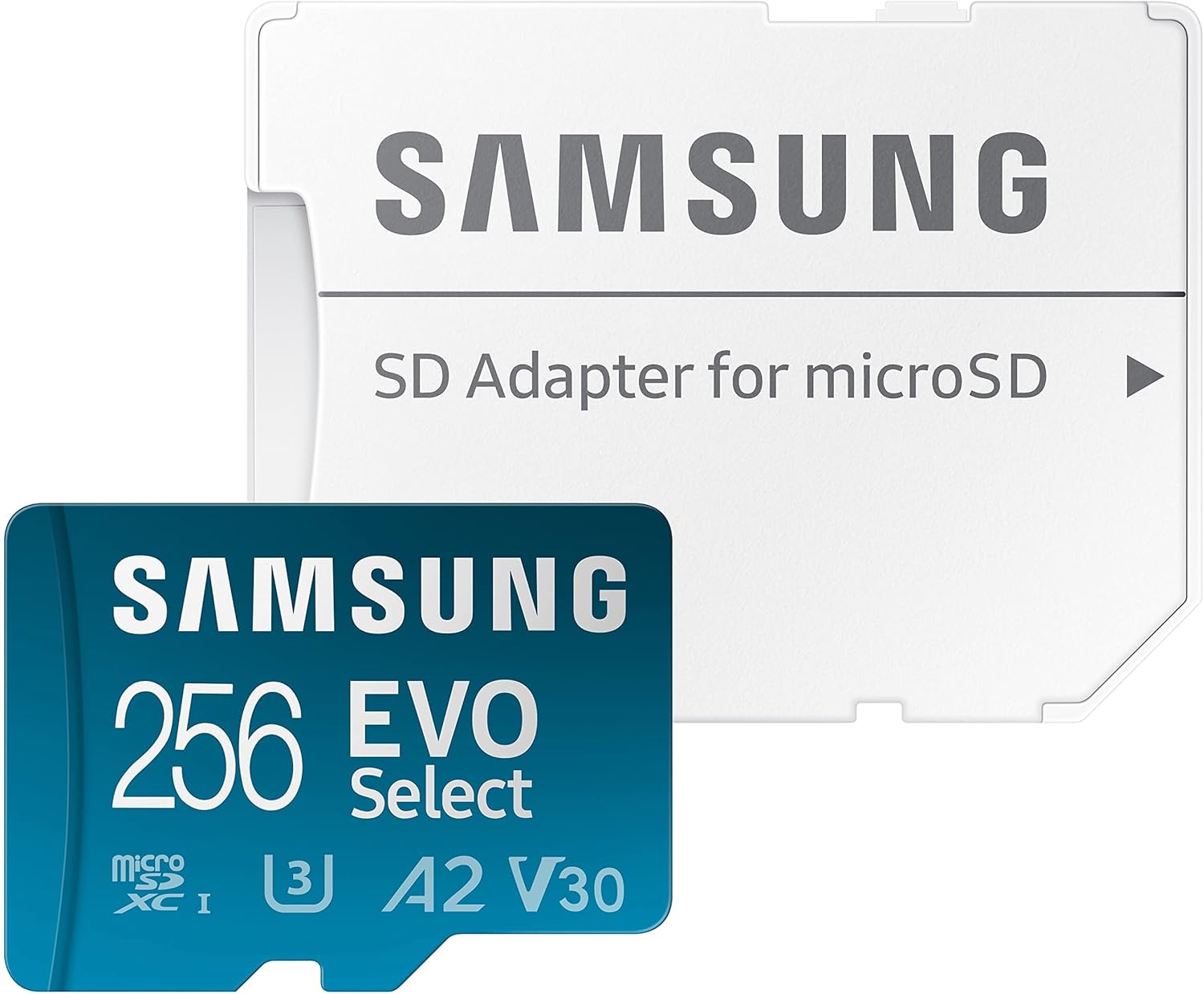 Samsung microSD card and adapter on a white background