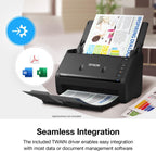 Epson document scanner on a desk with text about seamless integration.