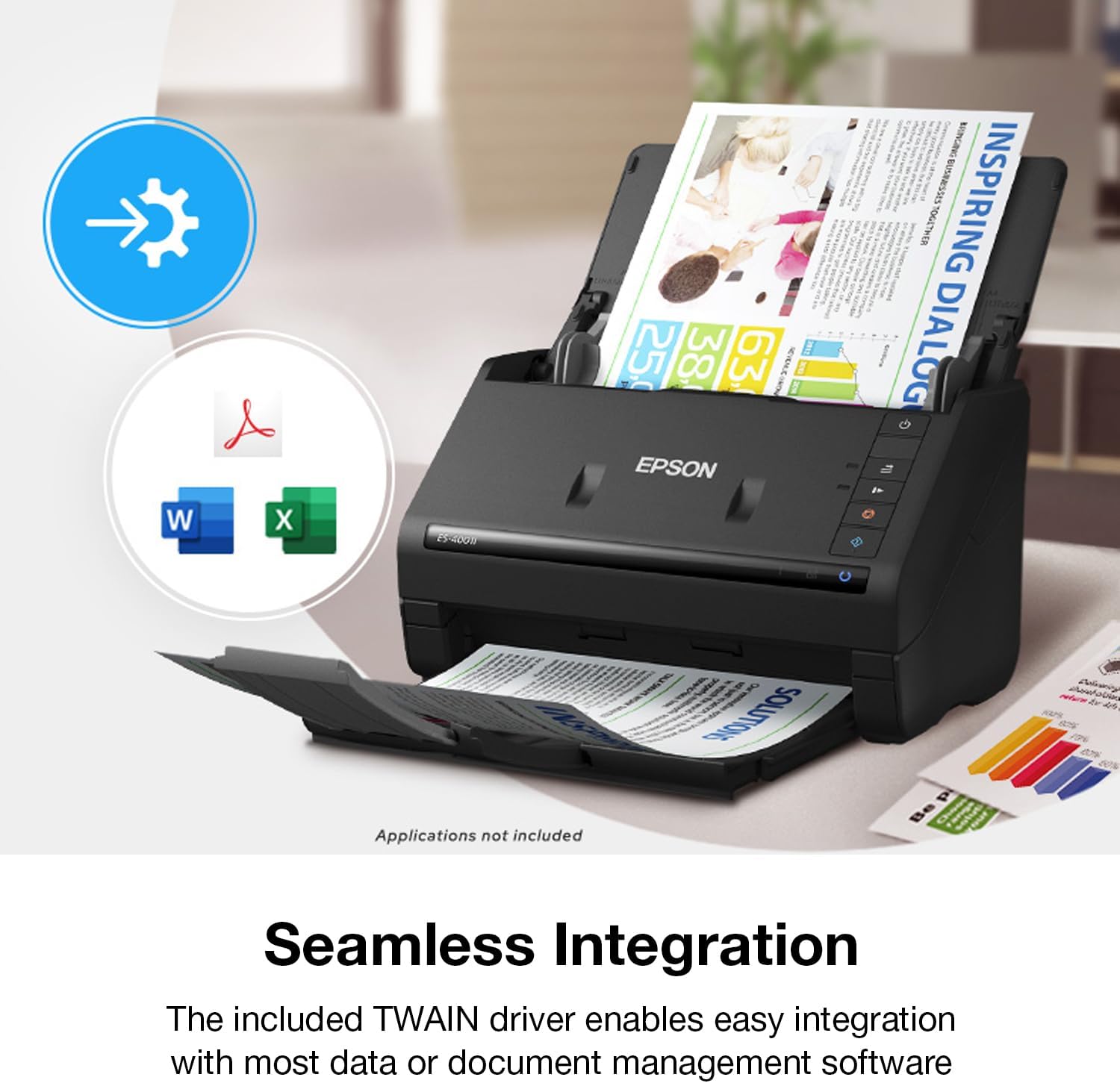 Epson document scanner on a desk with text about seamless integration.