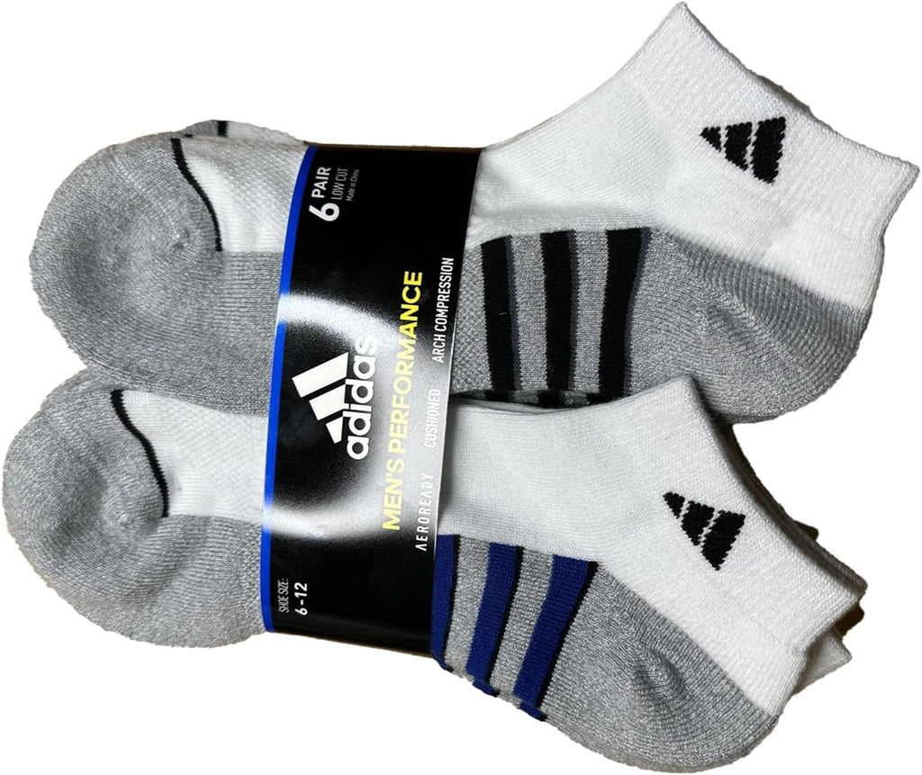 Adidas Performance Aeroready Cushioned Low Cut Socks for Men and Women, Men's Shoe Size 6-12, White - Gray with Blue/Black Stripes (6 pairs Total)