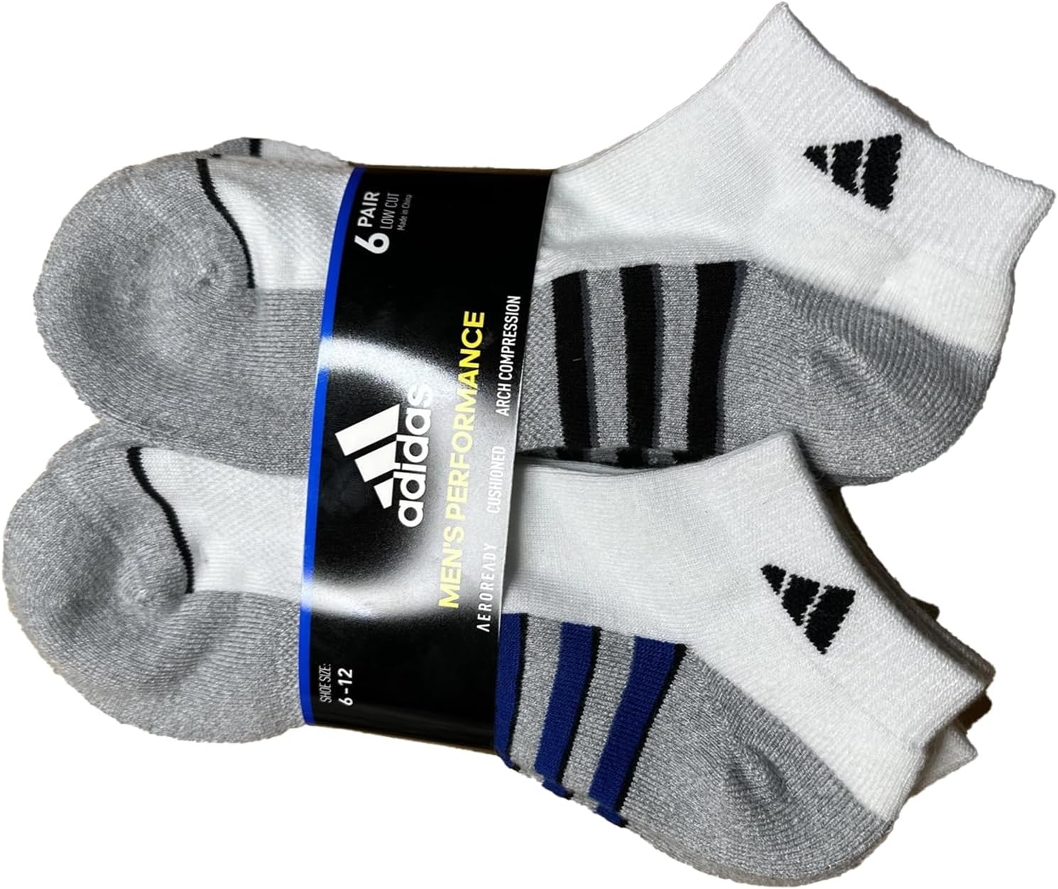 Adidas Performance Aeroready Cushioned Low Cut Socks for Men and Women, Men's Shoe Size 6-12, White - Gray with Blue/Black Stripes (6 pairs Total)