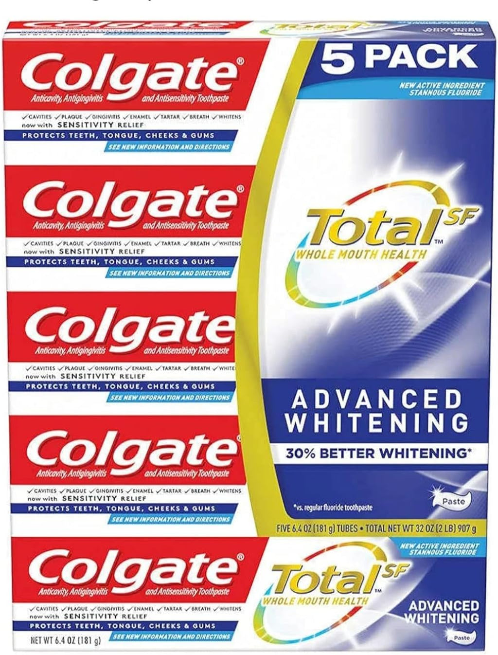 Colgate Total Advanced Whitening Toothpaste, 6.4 oz, 5-Pack | Vegan | Gluten Free | Responsibly Made | Sugar Free