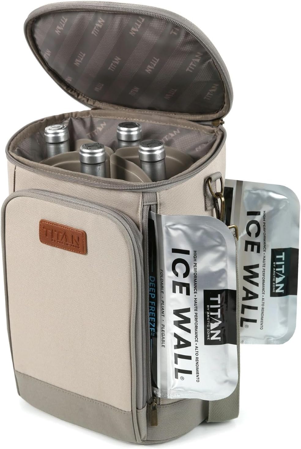 Titan Insulated Bottle Tote – Deep Freeze™ Cooling, Ice Walls®, Leak-Proof Lining, Holds 18 Cans (Beige)