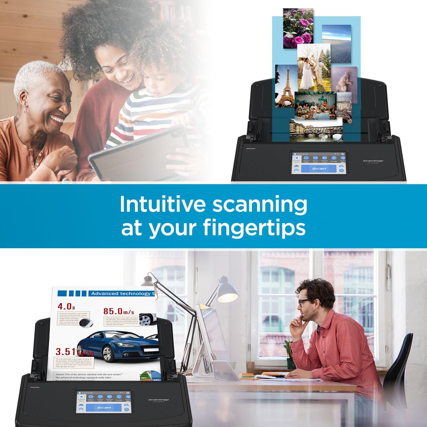ScanSnap iX1600 Wireless or USB High-Speed Cloud Enabled Document, Photo & Receipt Scanner with Large Touchscreen and Auto Document Feeder for Mac or PC, 17 watts, Black