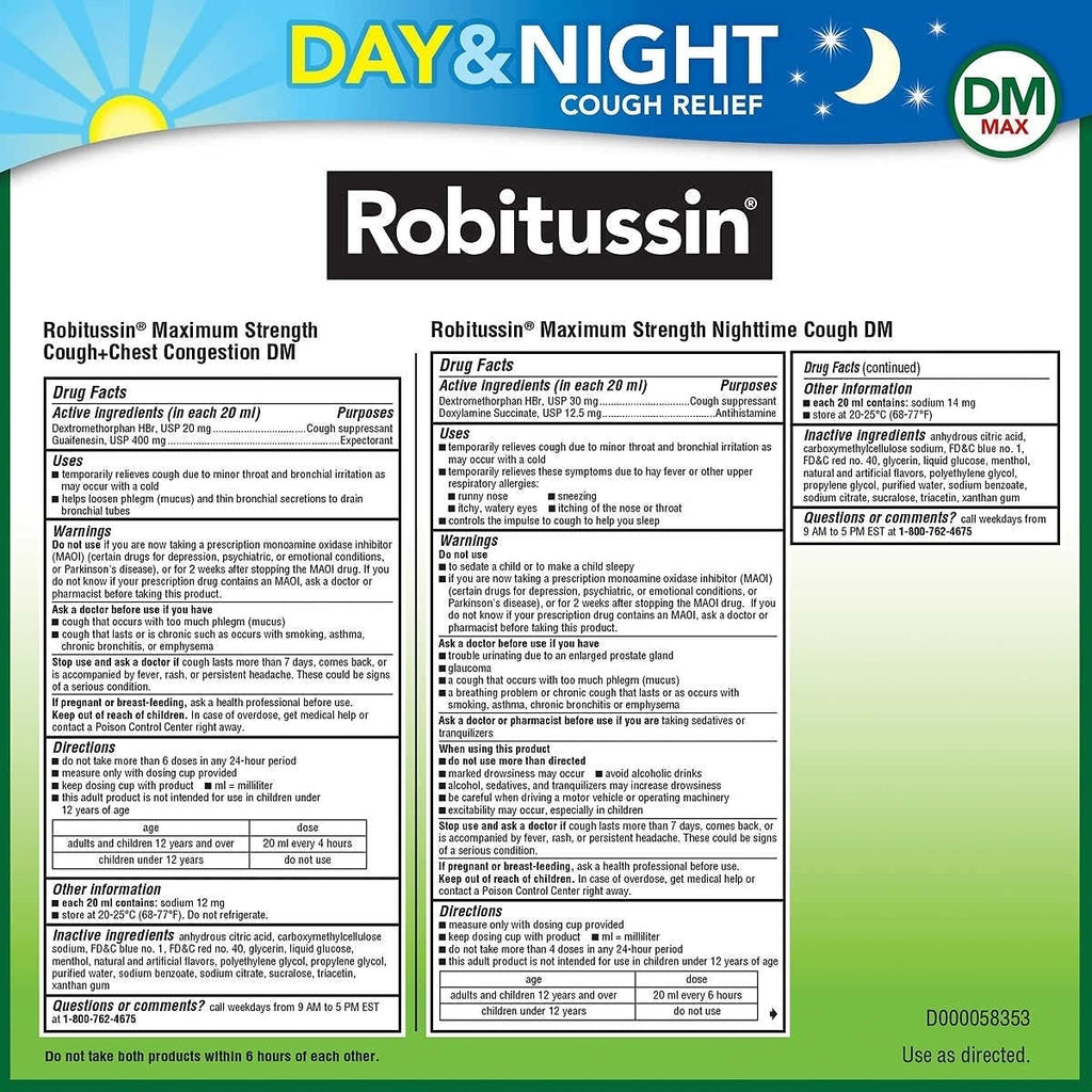Robitussin DM Max Cough and Chest Congestion Day and Night,(3 Bottles) 20 oz.