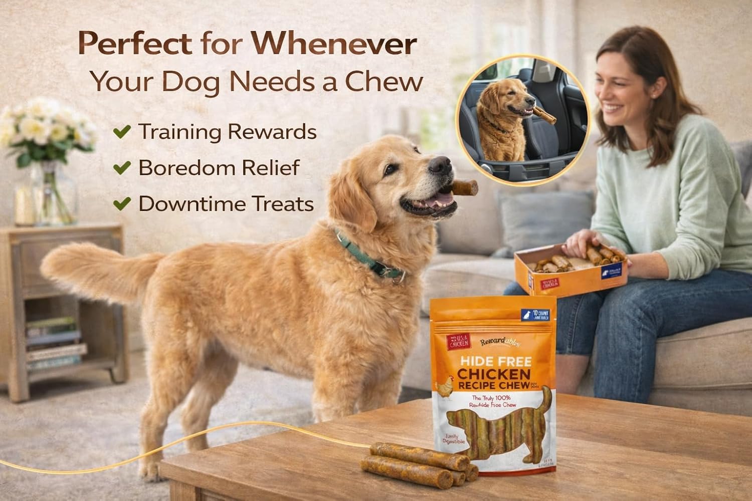 Dog Chews Rawhide-Free - Chicken Dental Treats for Large Dogs, Grain-Free Digestible Chews, 10 Pack 7" Rolls by Rewardables (2.4lb)