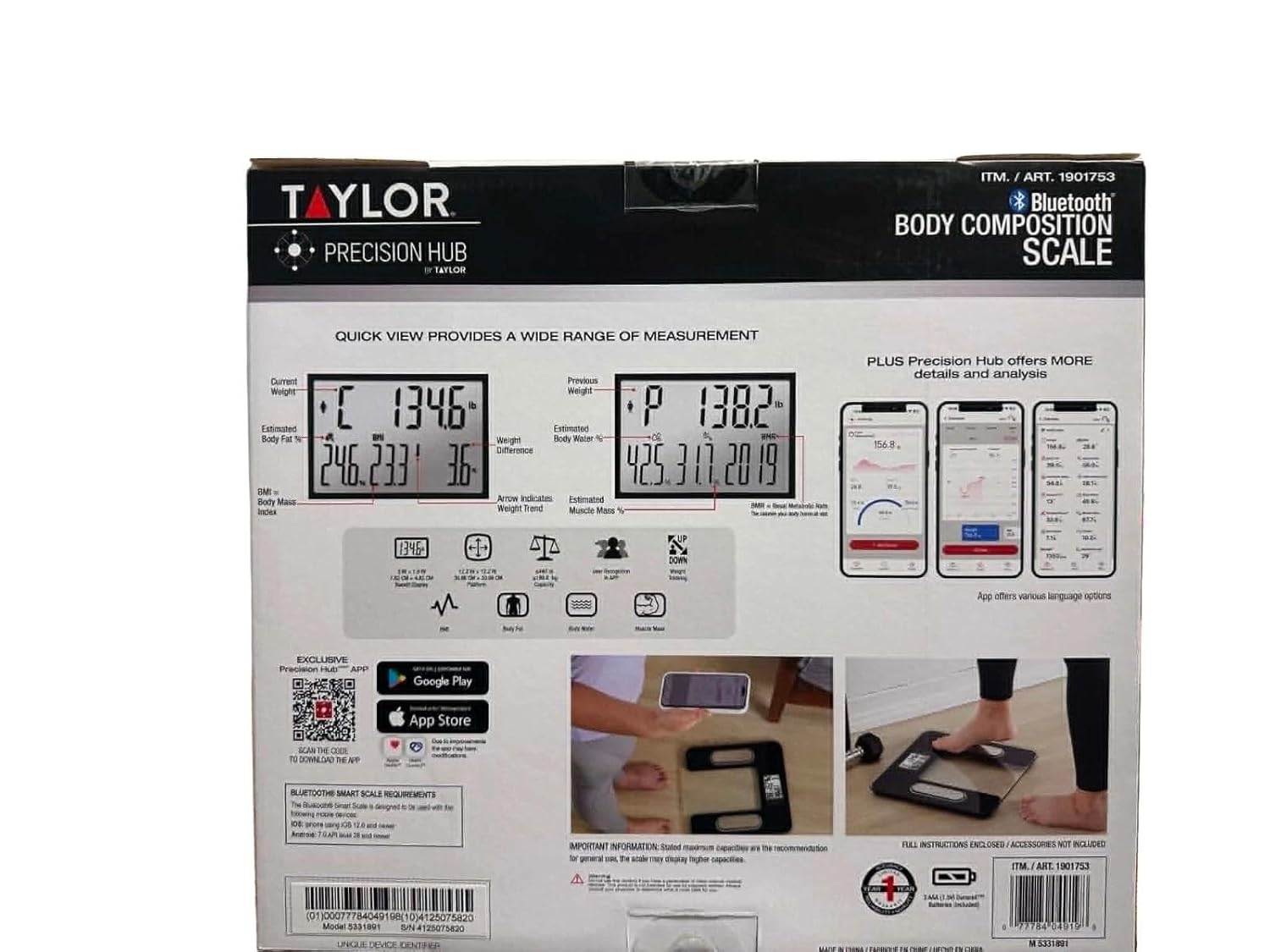 Taylor Smart Body Composition Scale, Bathroom Scale for Body Weight, Measures Body Fat, Body Water, Muscle Mass and BMI, 10-User Recognition, 440 lb Capacity