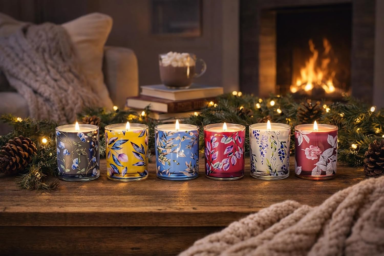 Row of colorful candles on a wooden surface with a fireplace and Christmas decorations in the background.