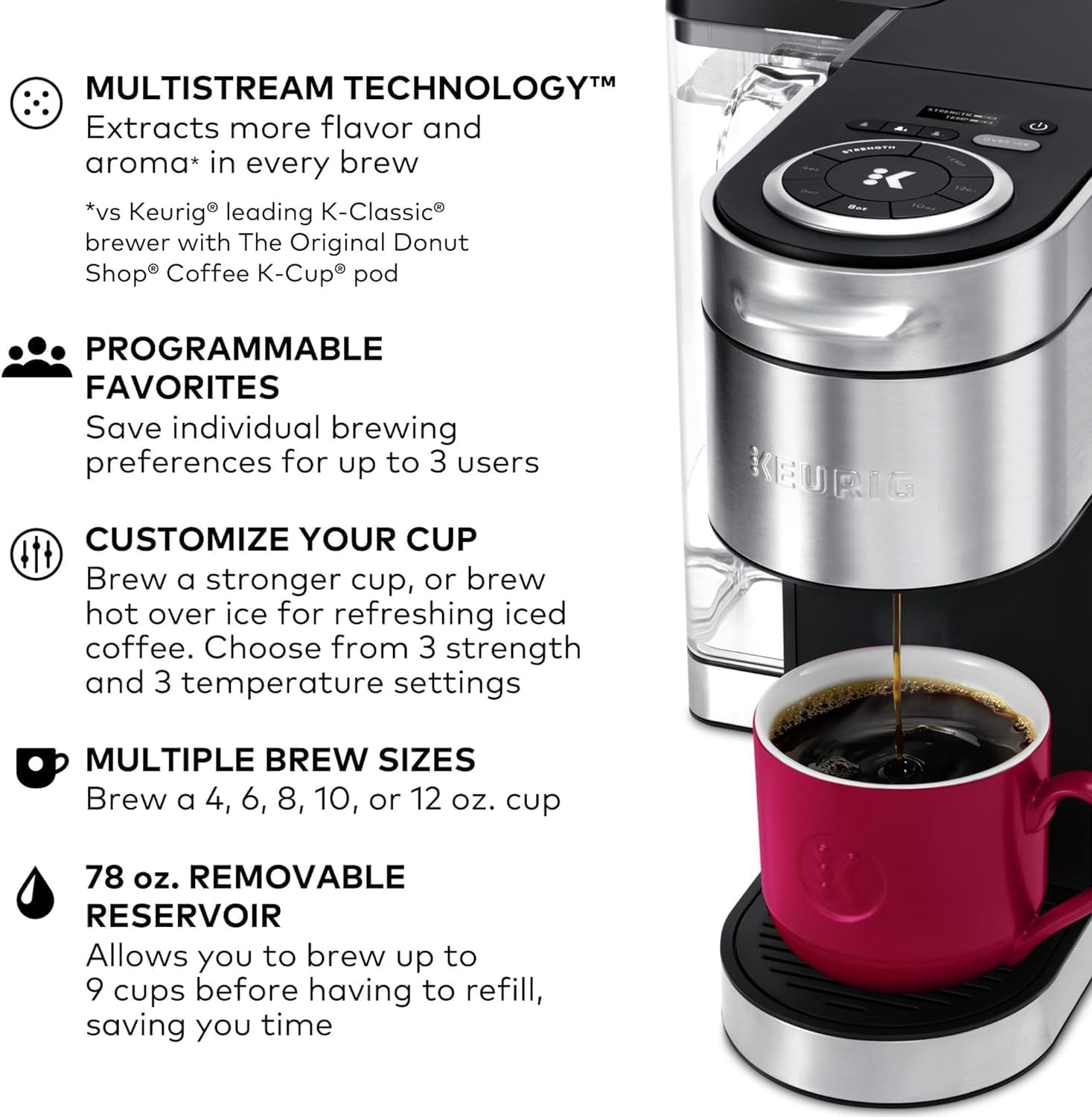 Keurig K-supreme Plus Single Serve Coffee Maker, Coffee Machine, MultiStream Technology, Customizable Strength and Temperature Settings, Programmable, 78oz Removable Reservoir, Stainless Steel
