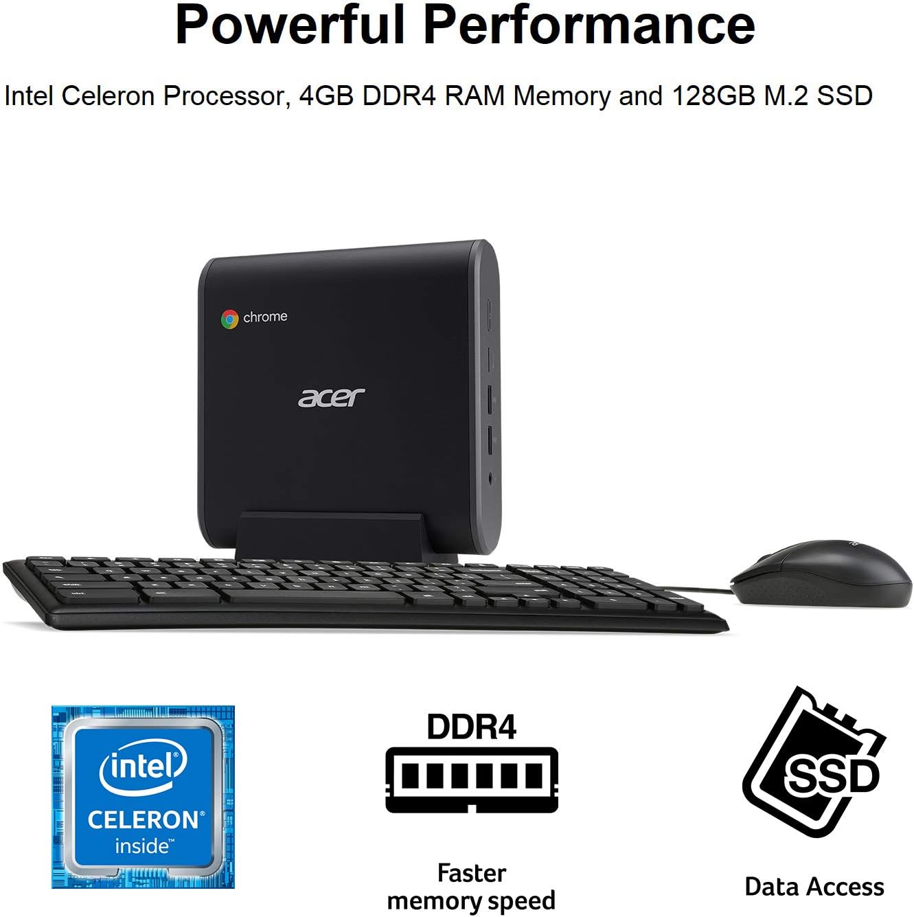 Acer Chromebox CXI3-UA91 Mini PC, Intel Celeron 3867U Processor 1.8GHz, 4GB DDR4 -Memory, 128GB M.2 SSD, 802.11ac Wi-Fi 5, USB Type-C, Chrome OS, Keyboard and -Mouse Included